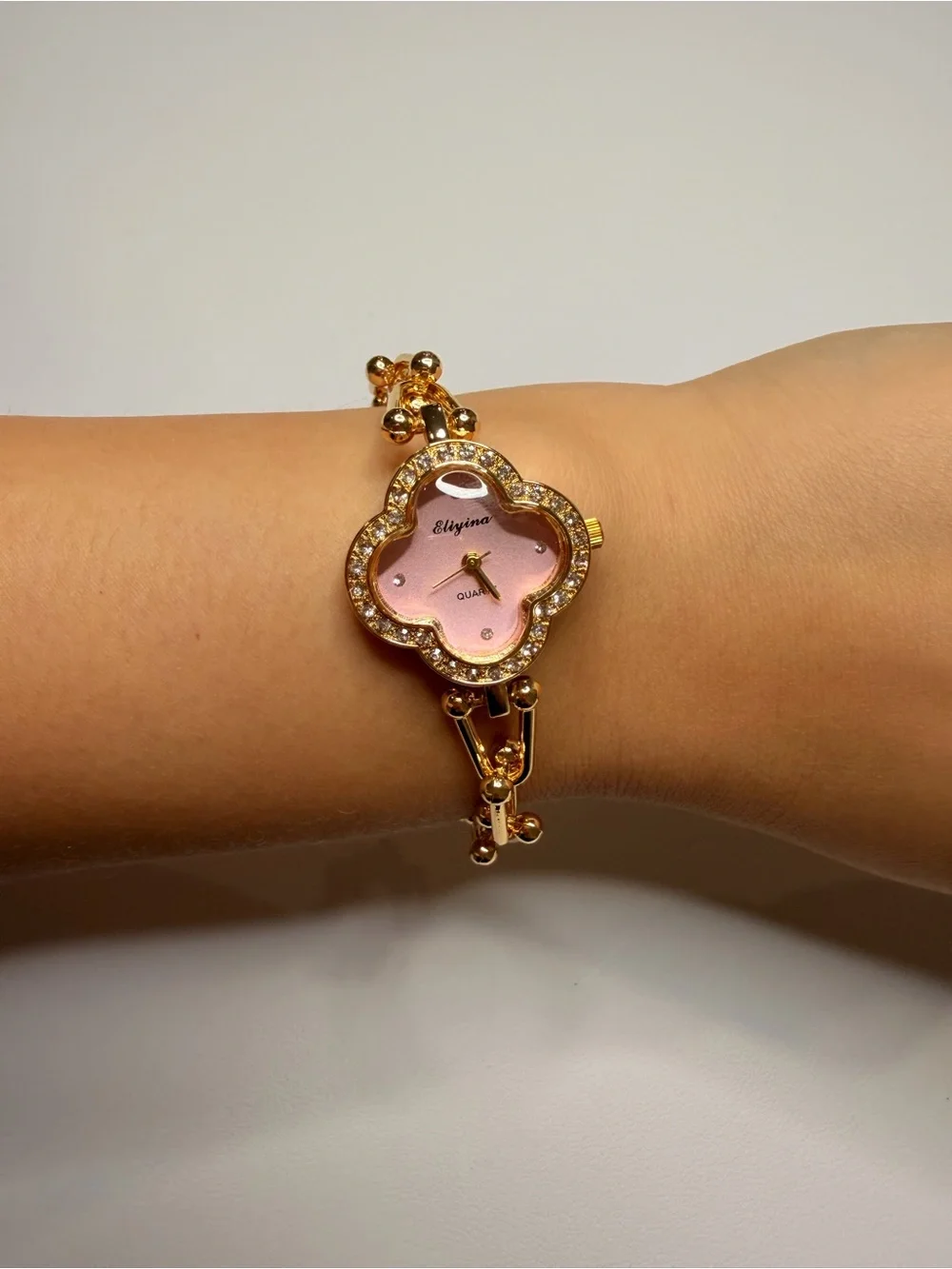 Gold-Tone Pink Dial Flower Quartz Watch